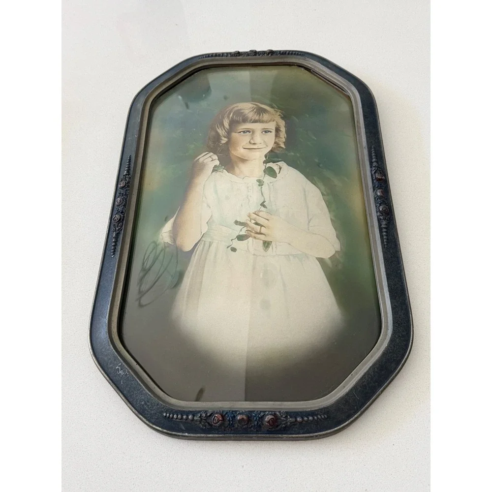 Antique 1922 Hand Colored Portrait Convex Bubble Glass Frame 21.5